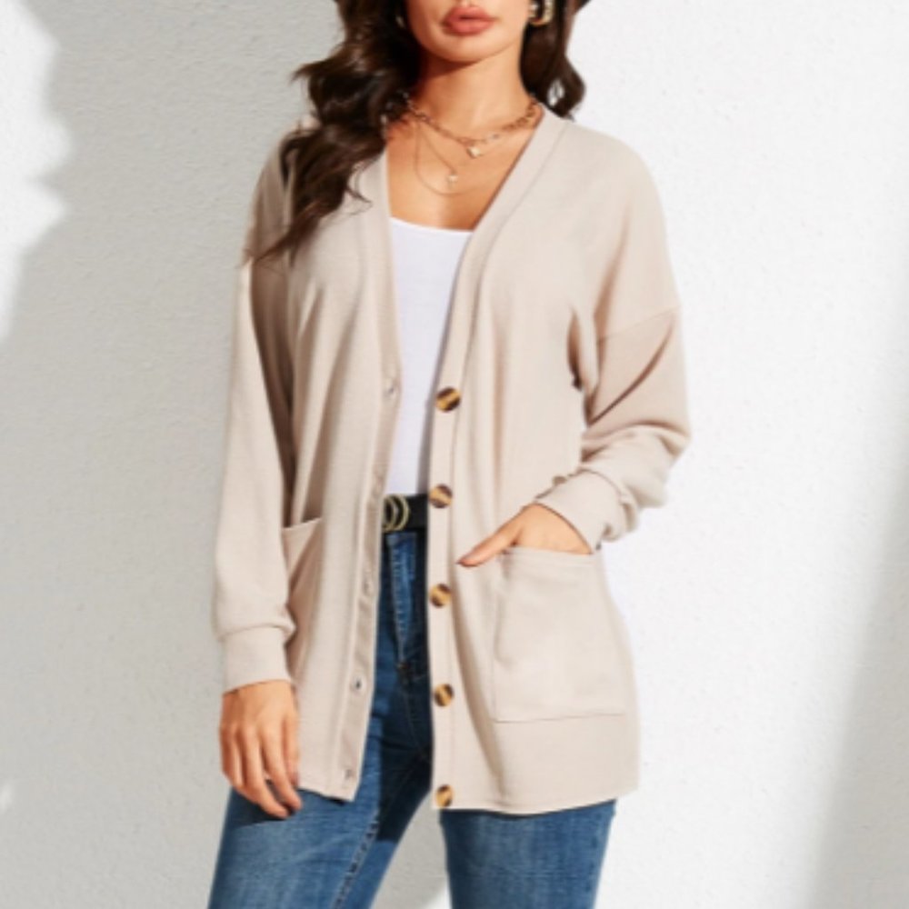 YOINS Camel Plain Deep V-Neck Cardigan